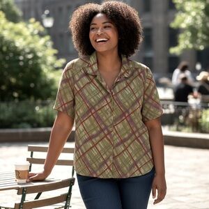 DonnKenny Casual Short Sleeve Top Geo Plaid XL Grannycore Button Shoulder Pad